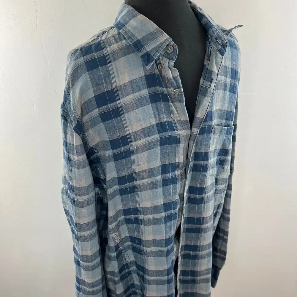 JOHN VARVATOS Blue Gray Plaid Linen Button-Down Collared Pocket Shirt Top Size L